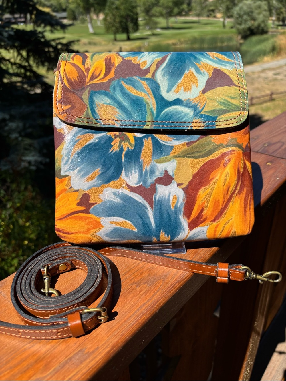Patricia Nash Floral Print Crossbody Bag in Blue, Orange & Brown
